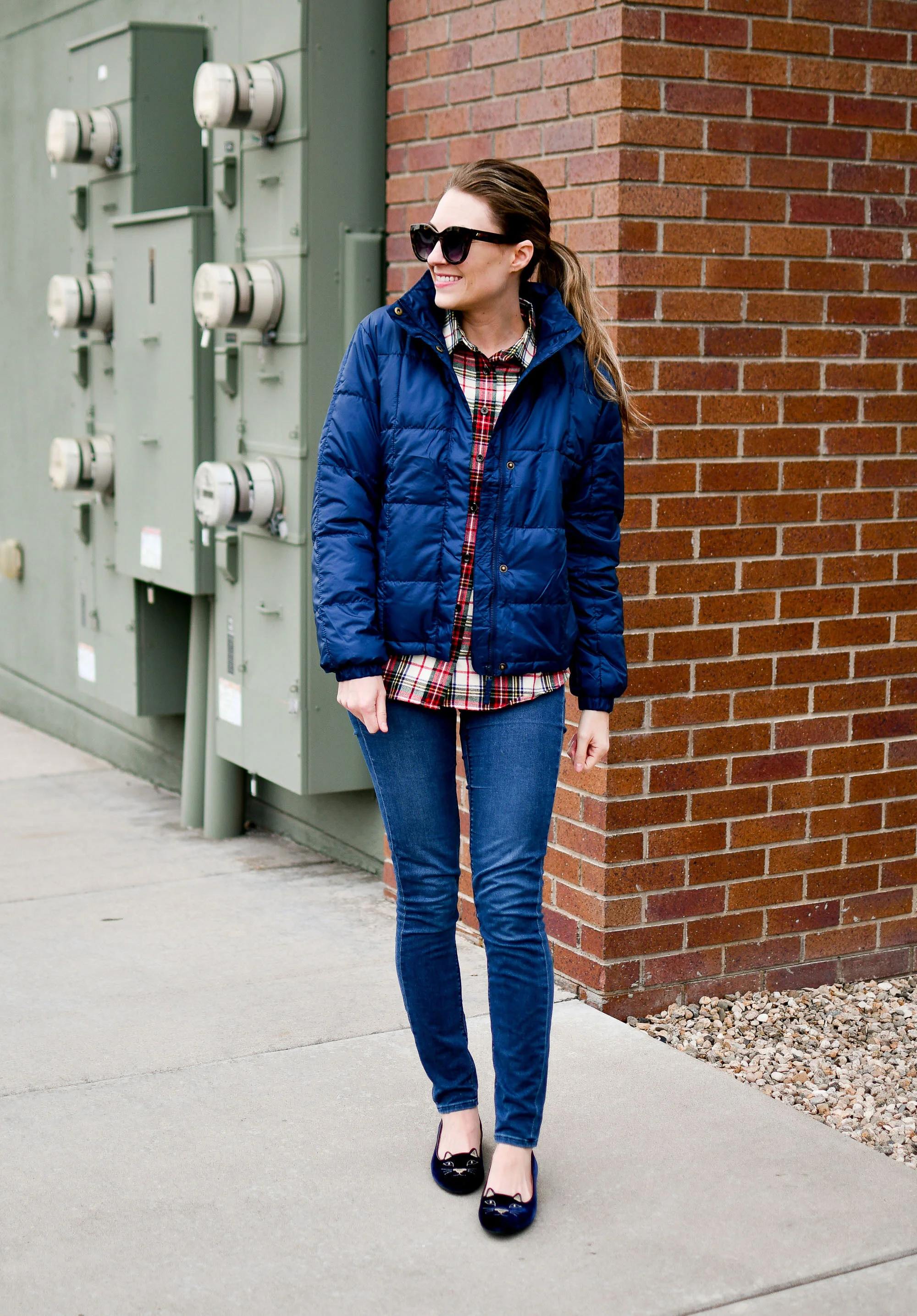 Blue plaid sales puffer jacket